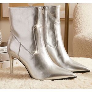 Forever 21 Metallic Silver Stiletto Ankle Booties Pointed Toe Zip 8